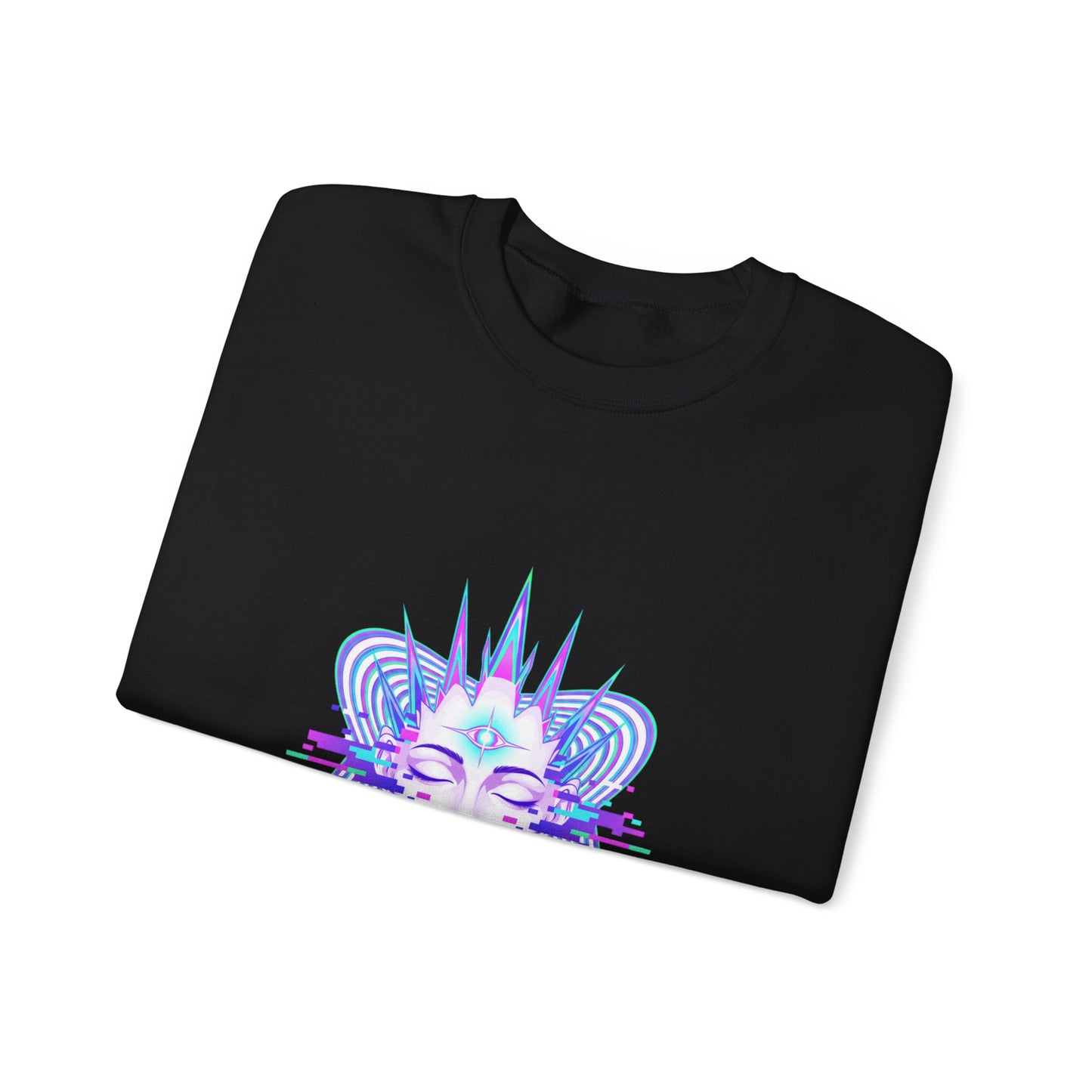 Glitch Fractal Psychedelic Face Crewneck Sweatshirt | chromatic aberration