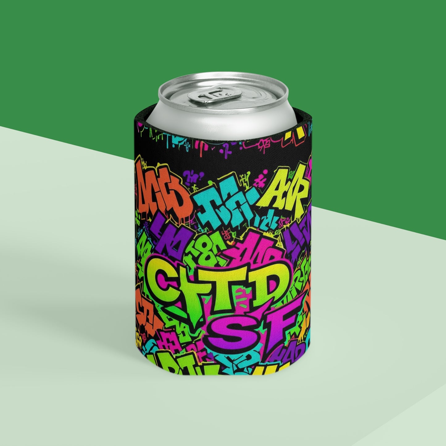 Graffiti Neon Can Cooler - Colorful Urban Street Art Drink Sleeve