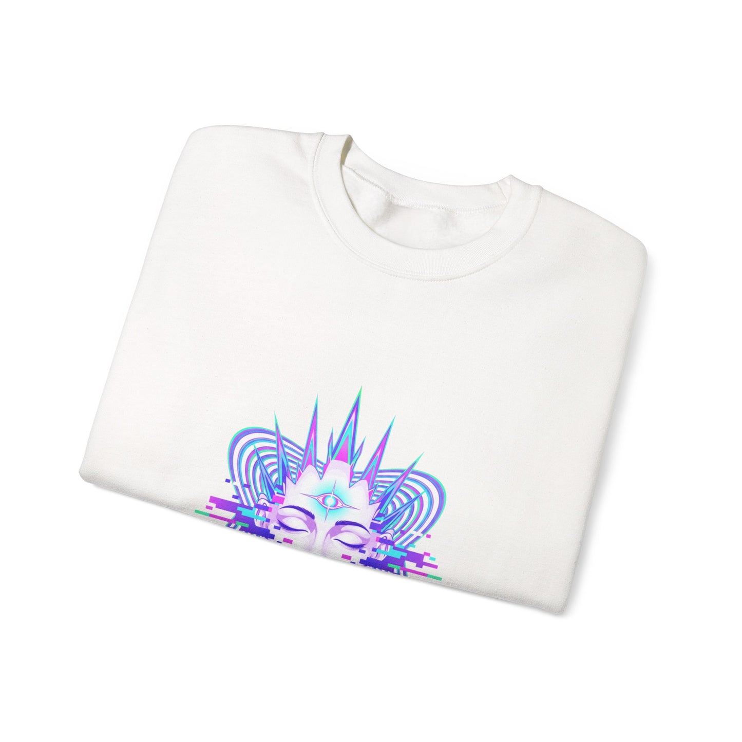 Glitch Fractal Psychedelic Face Crewneck Sweatshirt | chromatic aberration