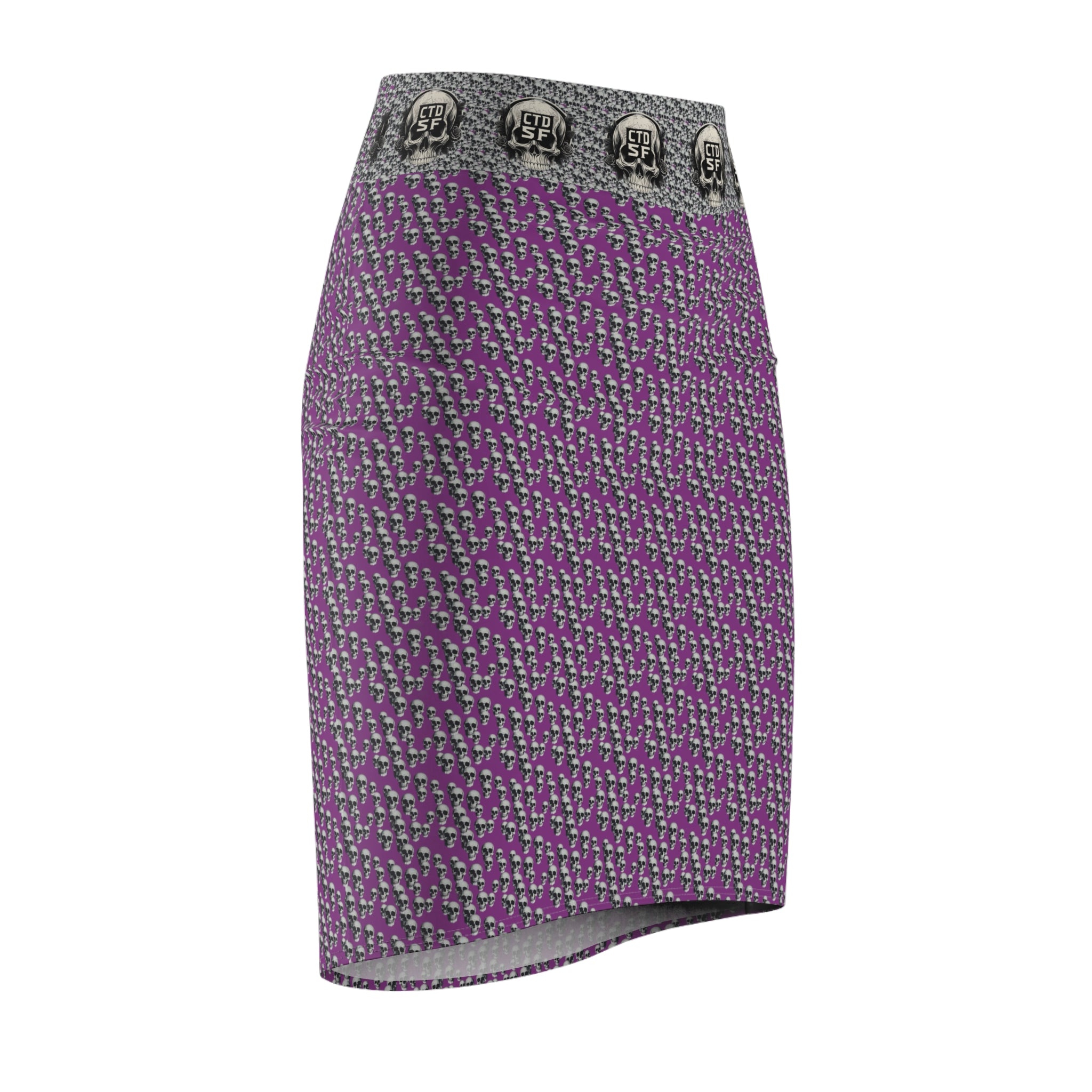Purple Gothic Skull Waistband Pencil Skirt — Patterned AOP Midi