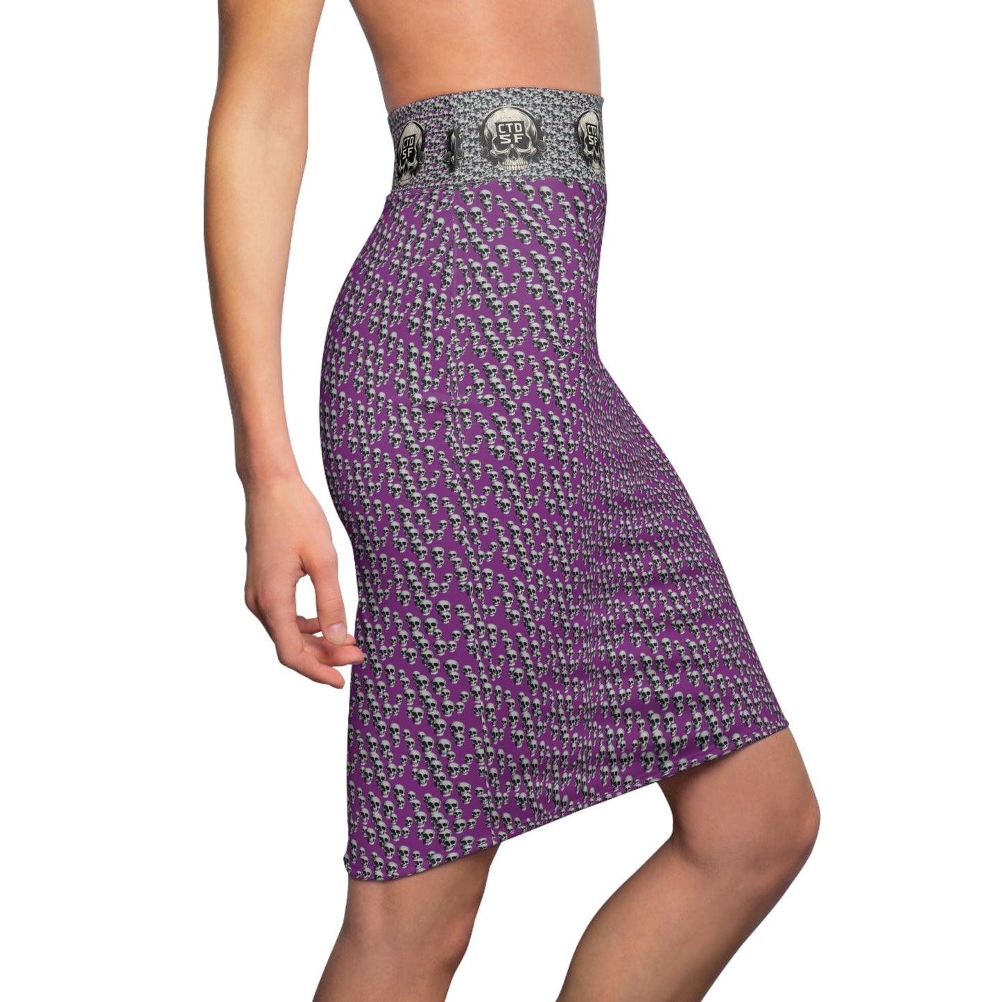 Purple Gothic Skull Waistband Pencil Skirt — Patterned AOP Midi