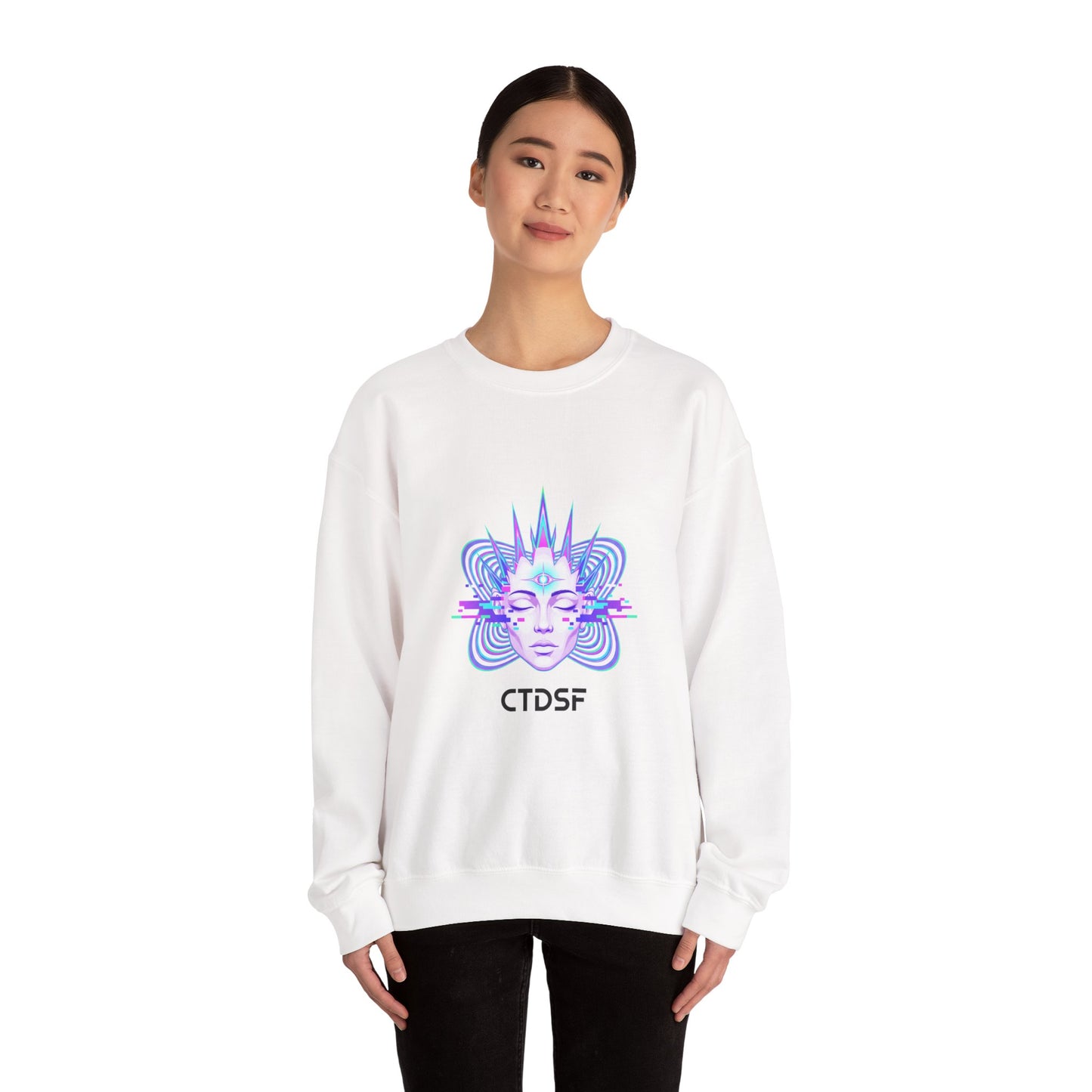 Glitch Fractal Psychedelic Face Crewneck Sweatshirt | chromatic aberration