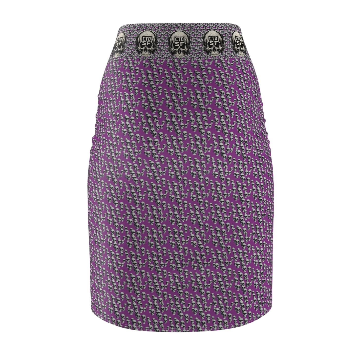 Purple Gothic Skull Waistband Pencil Skirt — Patterned AOP Midi