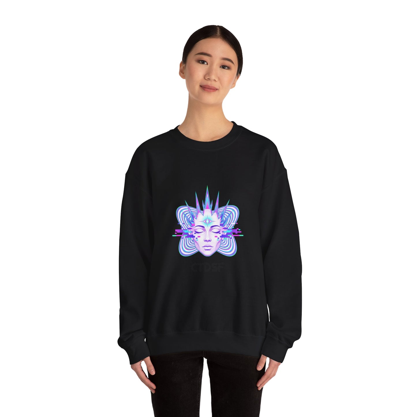 Glitch Fractal Psychedelic Face Crewneck Sweatshirt | chromatic aberration