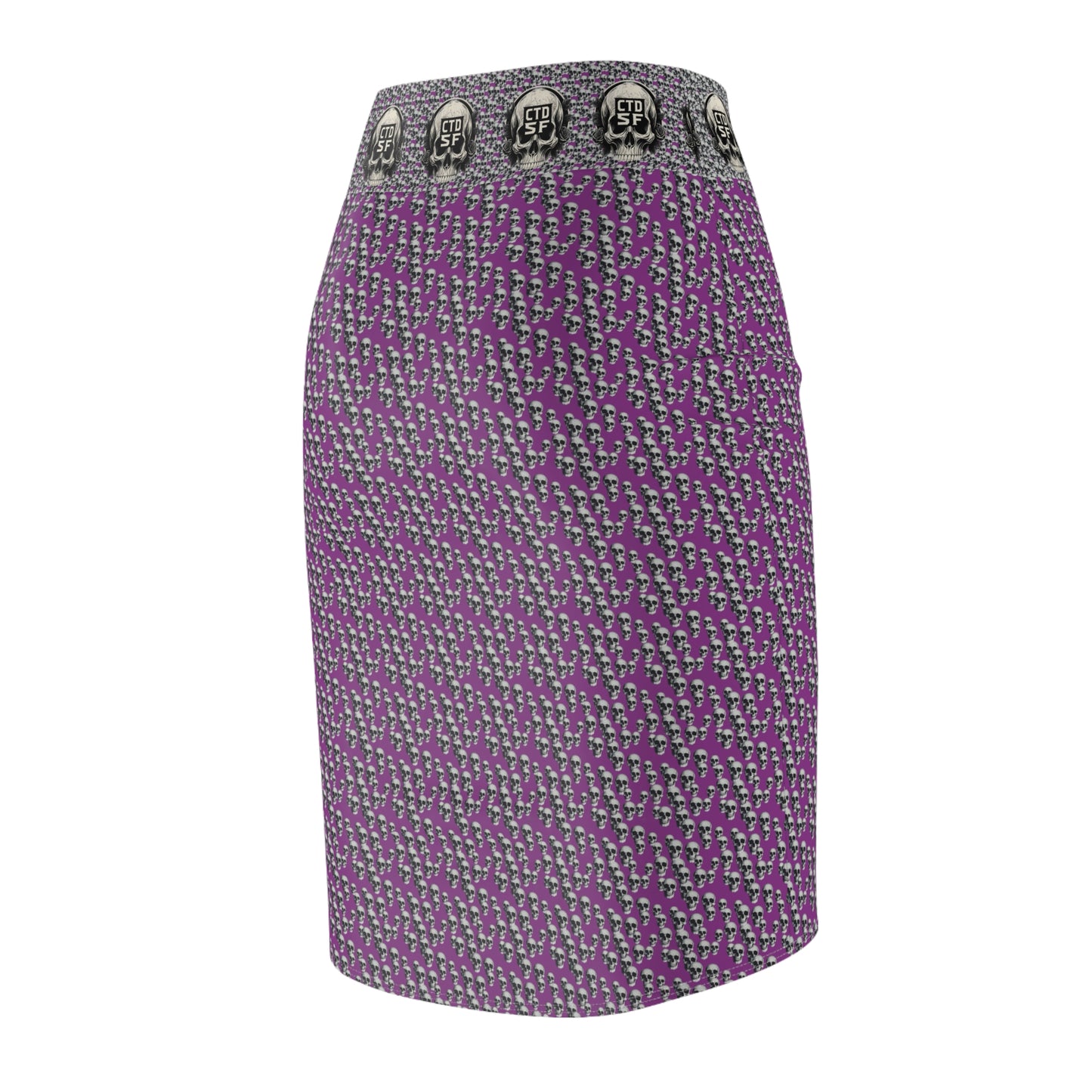 Purple Gothic Skull Waistband Pencil Skirt — Patterned AOP Midi