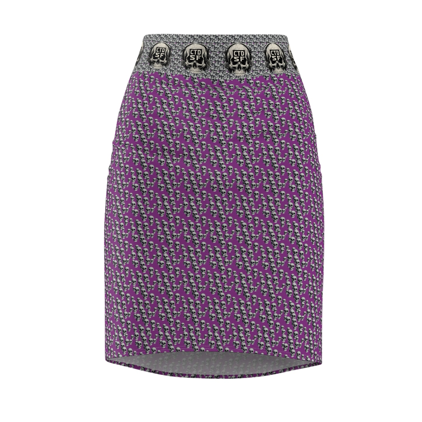 Purple Gothic Skull Waistband Pencil Skirt — Patterned AOP Midi