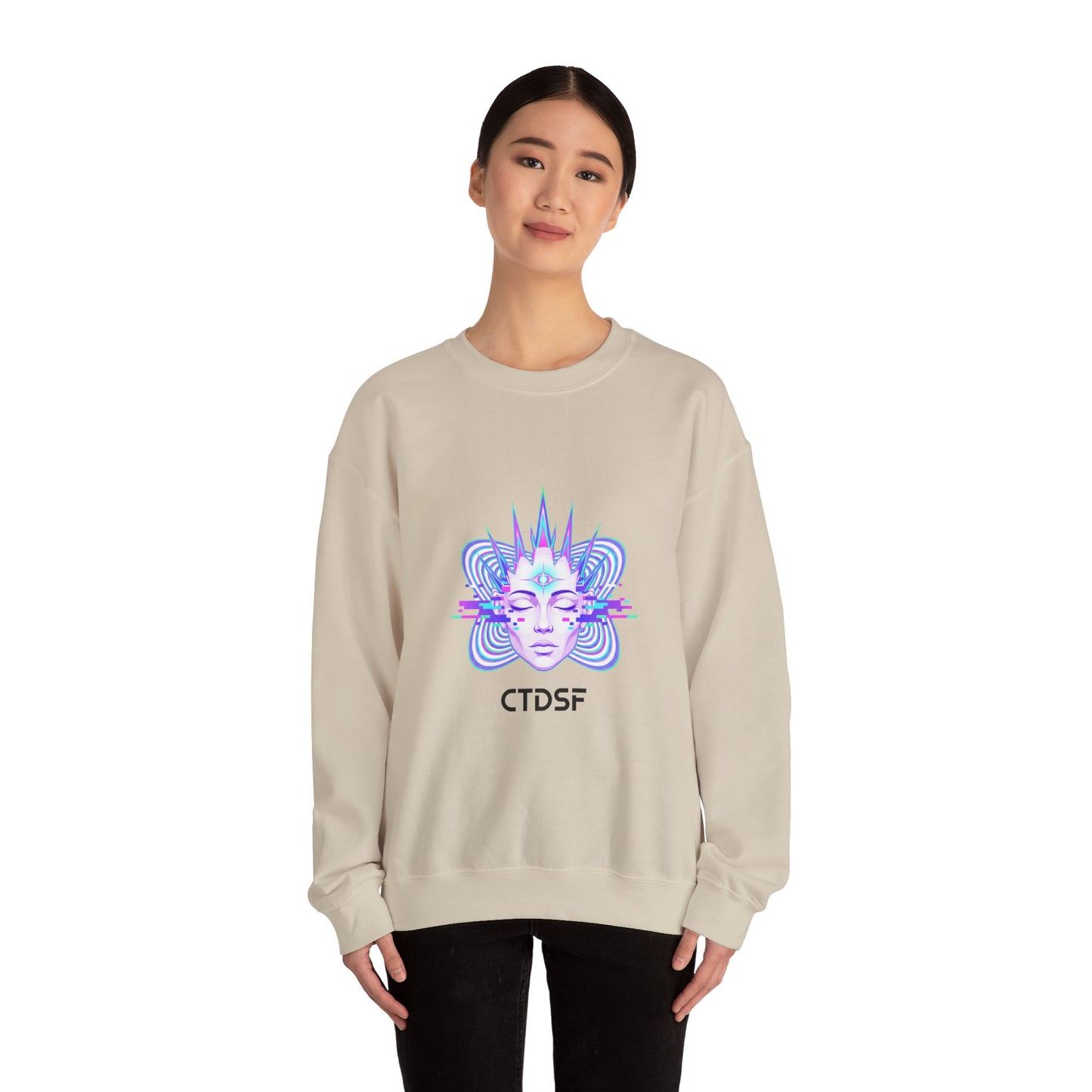 Glitch Fractal Psychedelic Face Crewneck Sweatshirt | chromatic aberration