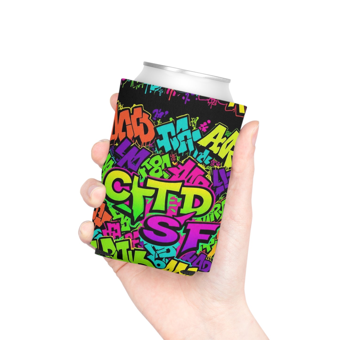Graffiti Neon Can Cooler - Colorful Urban Street Art Drink Sleeve