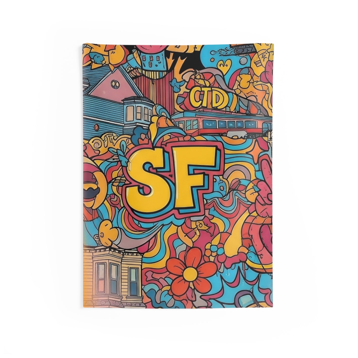 San Francisco Doodle Tapestry — Colorful SF Skyline & Flowers Wall Hanging