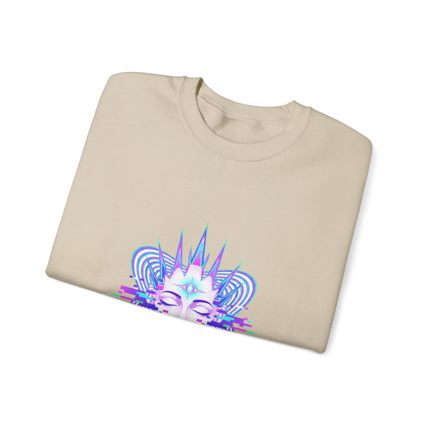 Glitch Fractal Psychedelic Face Crewneck Sweatshirt | chromatic aberration