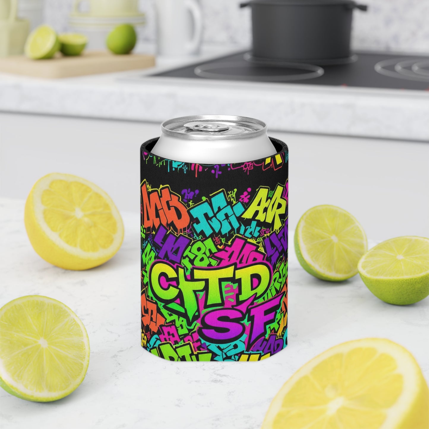 Graffiti Neon Can Cooler - Colorful Urban Street Art Drink Sleeve