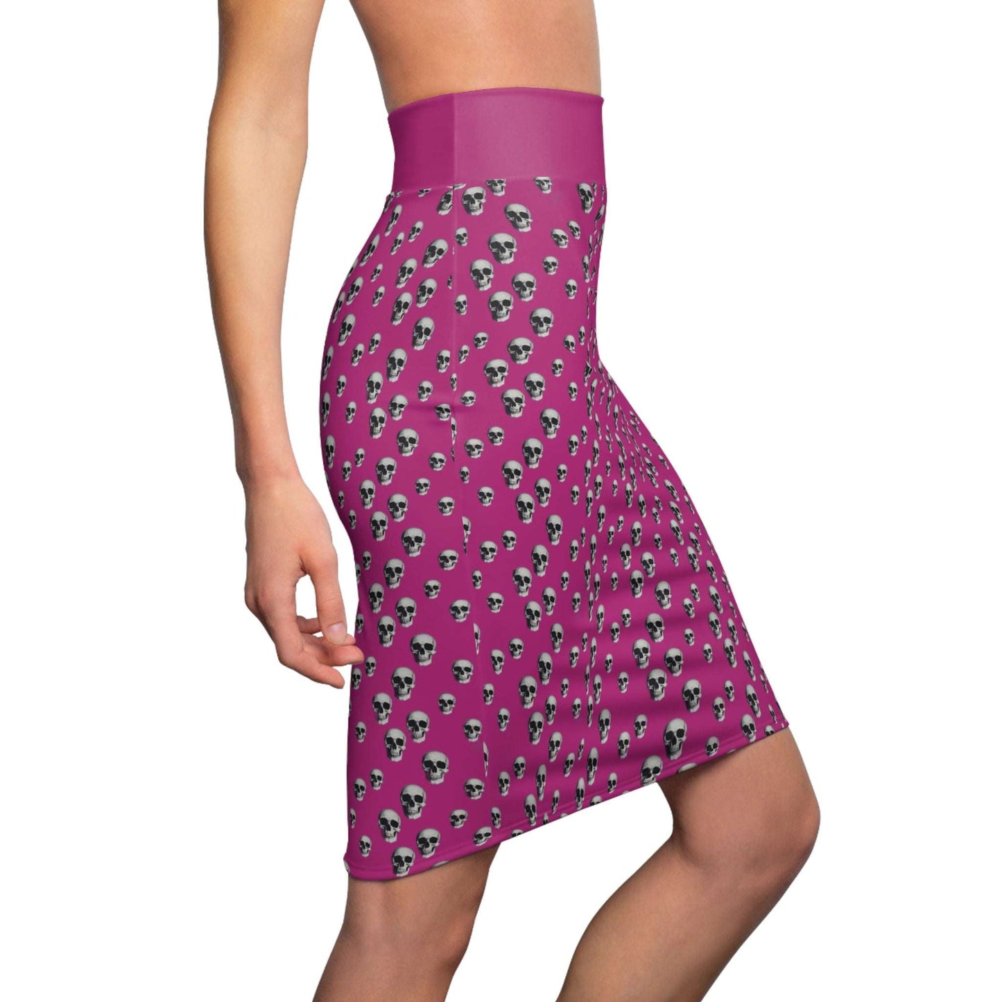 Gothic Skull Pencil Skirt In Hot Pink | Edgy Fashion Statement | Women's AOP Skirt, Halloween Outfit, Alternative Style, Everyday Wear, Festival Look - CTDSF
